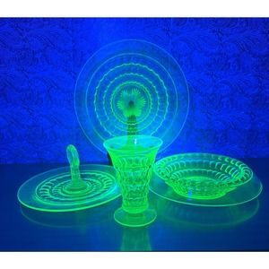 Four piece set of uranium Martha Washington collection by Cambridge glass